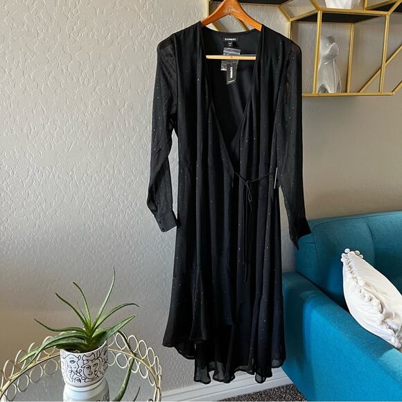 NEW Express black embellished wrap midi dress womens size large L cocktail party - Picture 1 of 8